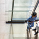 aerial view of doctors and nurses entering a hospital