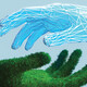 illustration of green hand and digital hand opposed