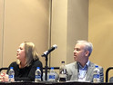 Microsoft Health's Dr. Clifford Goldsmith (left) talks at LeadingAge 2018 about the potential of artificial intelligence in senior care with MatrixCare's Megan Lenthe and Joe Weber.