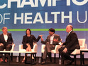 CMS Administrator Seema Verma, Michael Leavitt, Dr. Karen DeSalvo and Aneesh Chopra discuss health data exchange and information blocking at Tuesday’s keynote panel with HIMSS President and CEO Hal Wolf III.