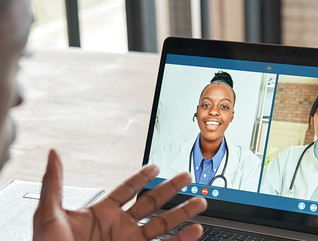 Multicultural doctors team conferencing in video call chat discussing health care.