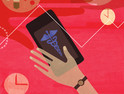 illustration of hand holding phone against red background
