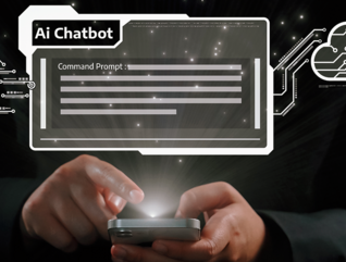 AI chatbot concept with chatbox and hand holding phone