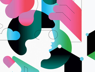 abstract illustration of person using EHR on computer surrounded by flowers and clouds
