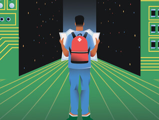 man with map and backpack navigates data center concept