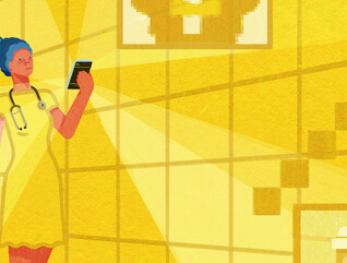 yellow illustration of doctor on cell phone