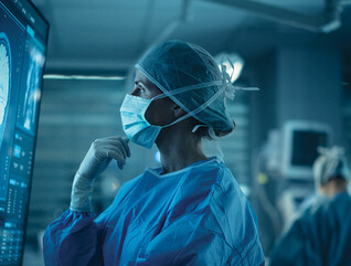 Surgeon looks at brain on a display in the OR