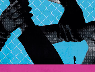 silhouette of hands clasped on wrists in a patterned design