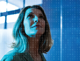 woman looking up at data concept