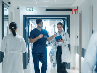 clinicians walk down busy hospital hallway