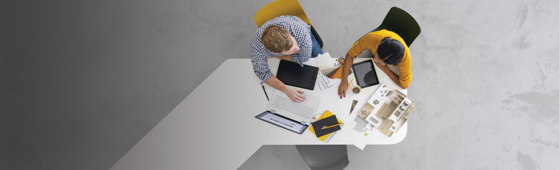 birds eye view of people collaborating at table
