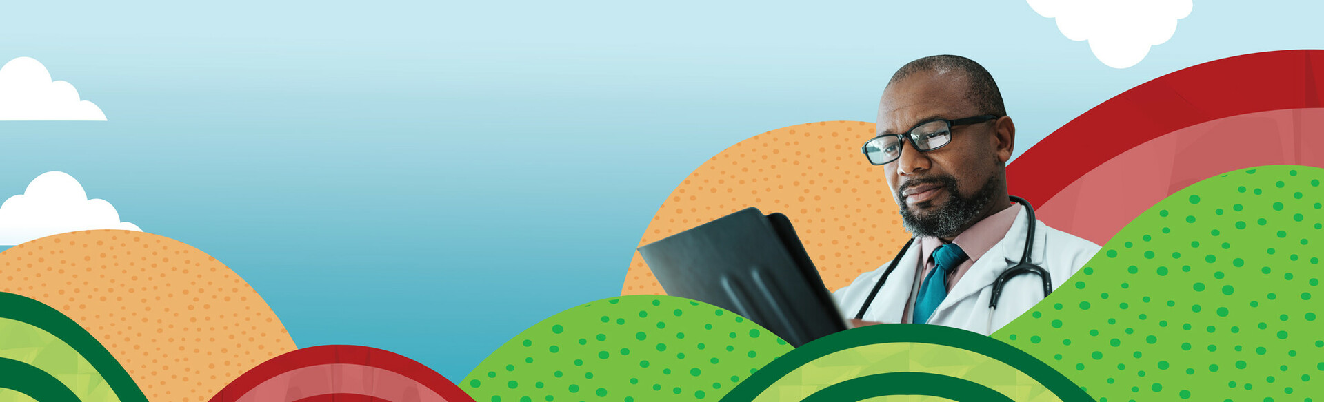 rolling colorful hills with doctor on tablet