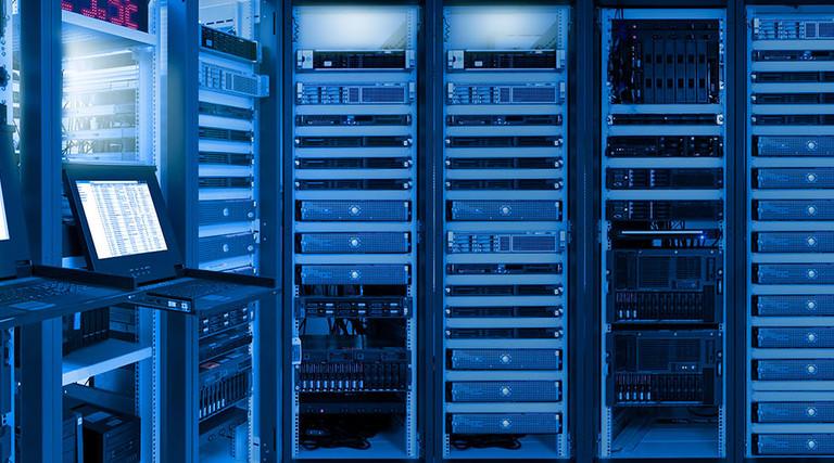 Monitor showing information of network traffic and status of devices in data center room