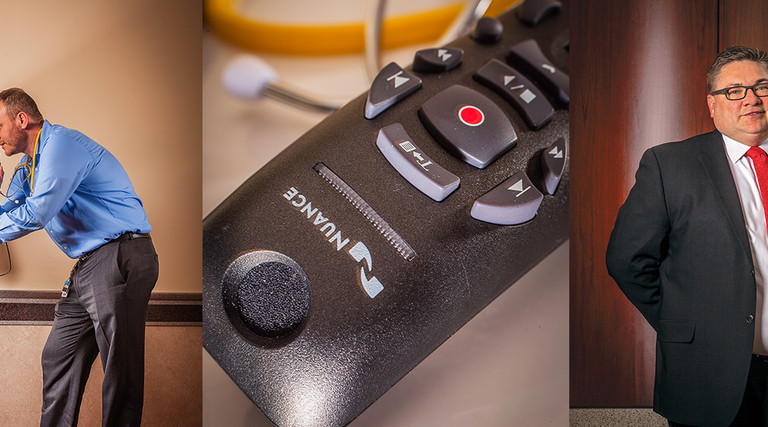 From left: ... Nuance PowerMic microphone; and Don Fosen, CISO and system director of technology at Edward-Elmhurst Health.
