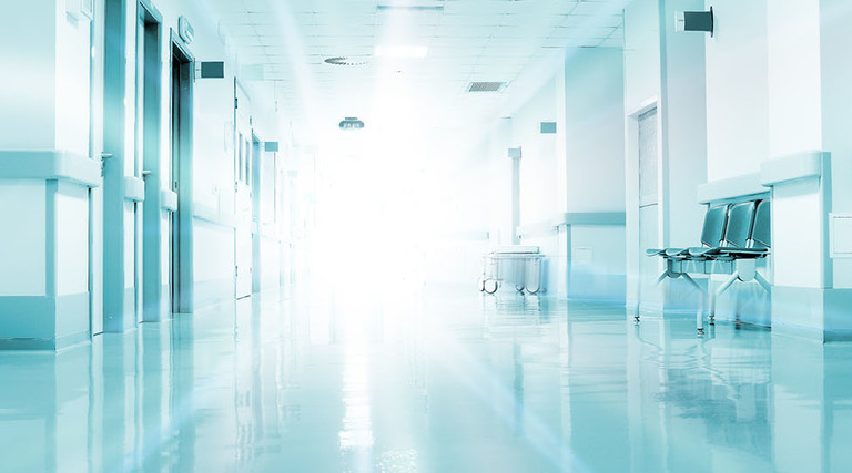 Hospital hallway filled with light