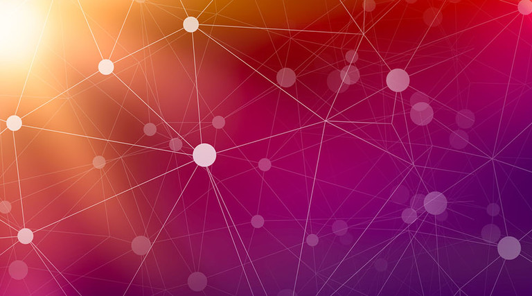 Abstract Cyber Technology Background, white dots connected with gray lines on a purple background