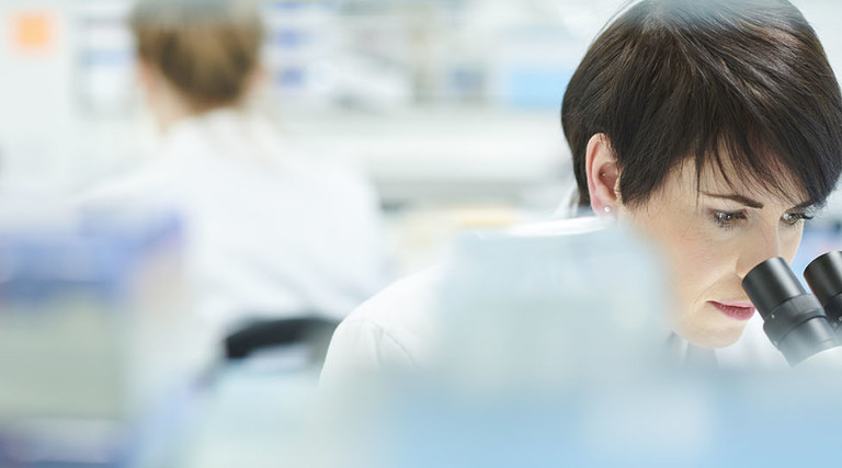 scientist in a busy research lab