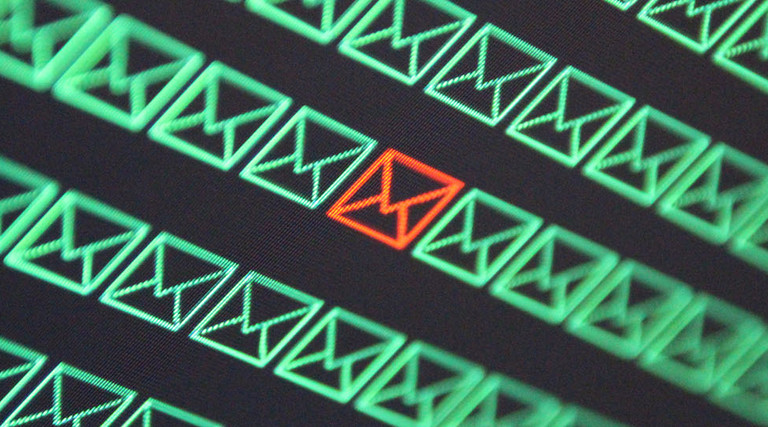 Row of green email icon with one red hacked email icon