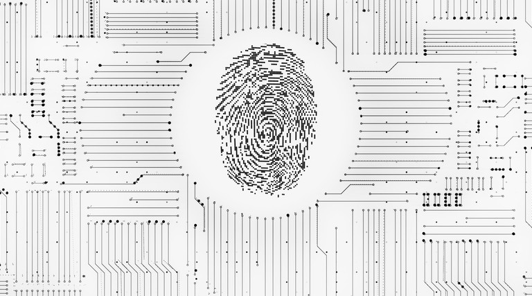 Digital fingerprint ID system with monochrome circuitry background.
