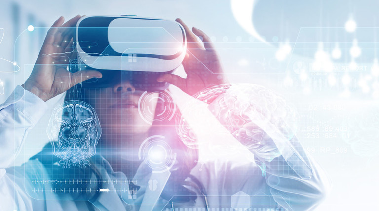 Medical technology concept. Mixed media. Female doctor wearing virtual reality glasses. Checking brain testing result with simulator interface, Innovative technology in science and medicine.