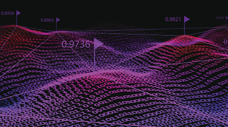 Big data representation in purple. Binary code background