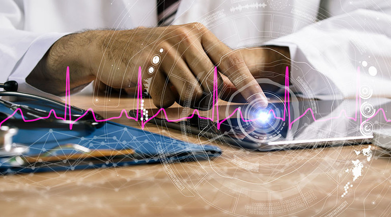 medical technology concept. doctor pointing tablet pc screen.