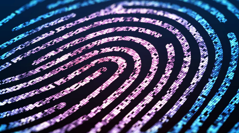 Digital fingerprint on a black background close up.