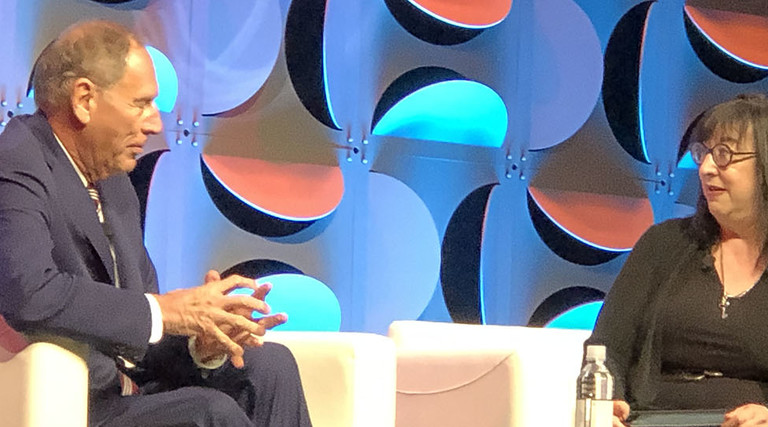 Former Cleveland Clinic CEO Toby Cosgrove (left), who now serves as an adviser to Google, told Jane Sarasohn-Kahn at ATA19 that he believes telehealth is poised to take off.