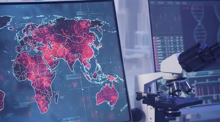 Vaccine Supply Chain. Futuristic laboratory. High infectivity level on world map. Scanning DNA mutations.