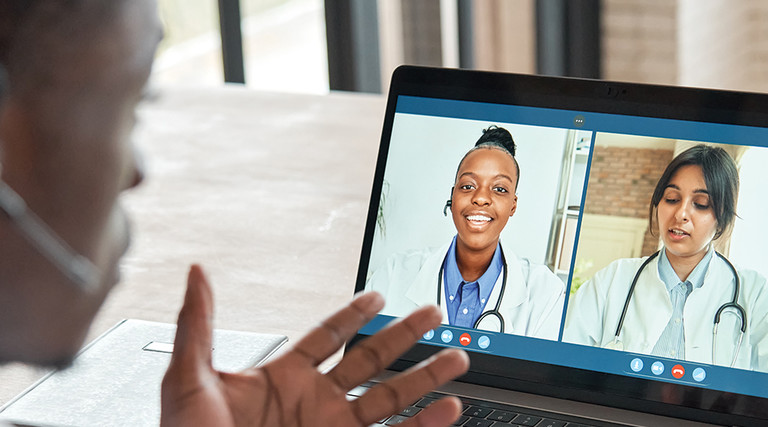 Multicultural doctors team conferencing in video call chat discussing health care.