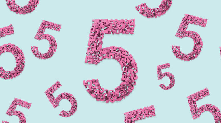 pink fives made of numbers float against blue background