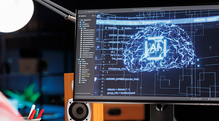 Desktop monitor with brain AI concept