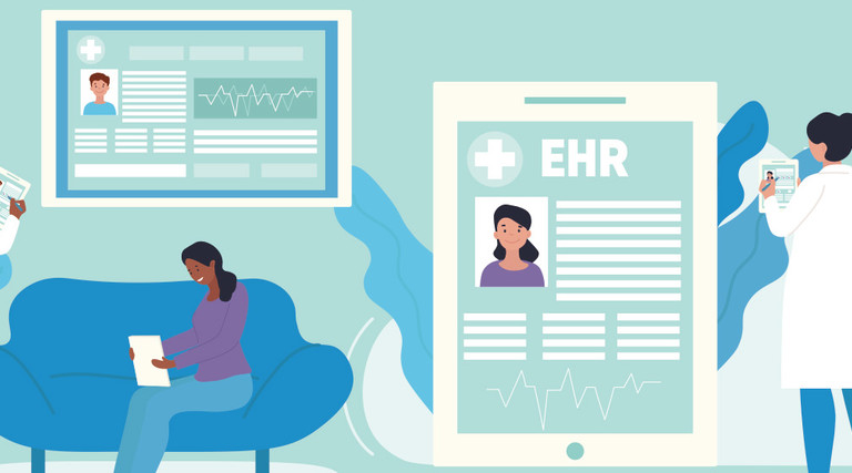 illustration of doctors looking at an electronic health record