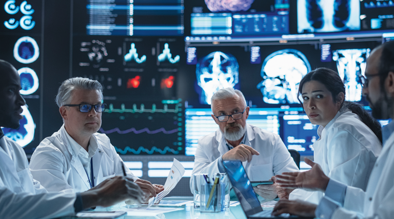 group of doctors talk amid large screens