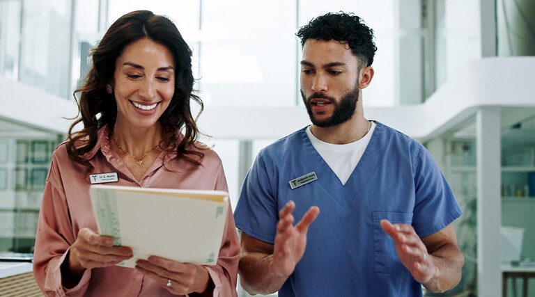 Hospital chief, teamwork and planning with doctor