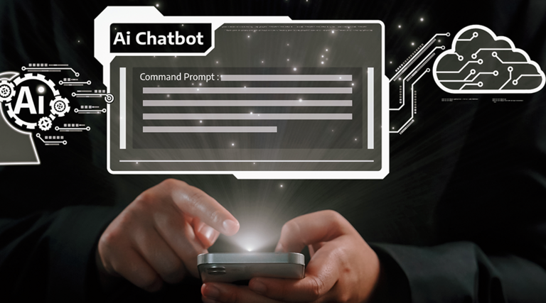 AI chatbot concept with chatbox and hand holding phone