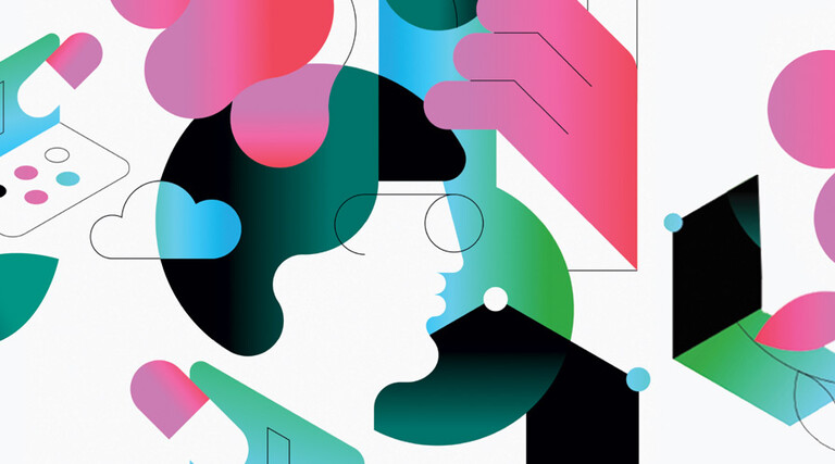 abstract illustration of person using EHR on computer surrounded by flowers and clouds