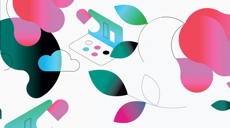 abstract illustration of person using EHR on computer surrounded by flowers and clouds