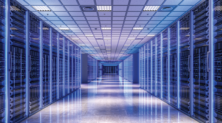 data center room with blue lights