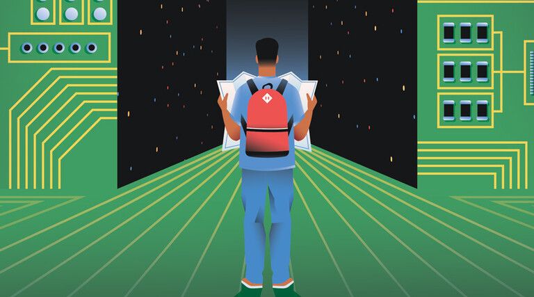 man with map and backpack navigates data center concept
