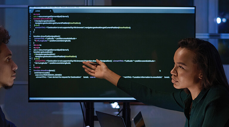 IT specialists meet and look at code