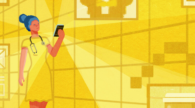yellow illustration of doctor on cell phone