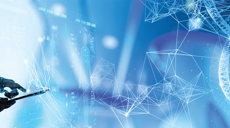 doctor on ipad with abstract networking concept and dna