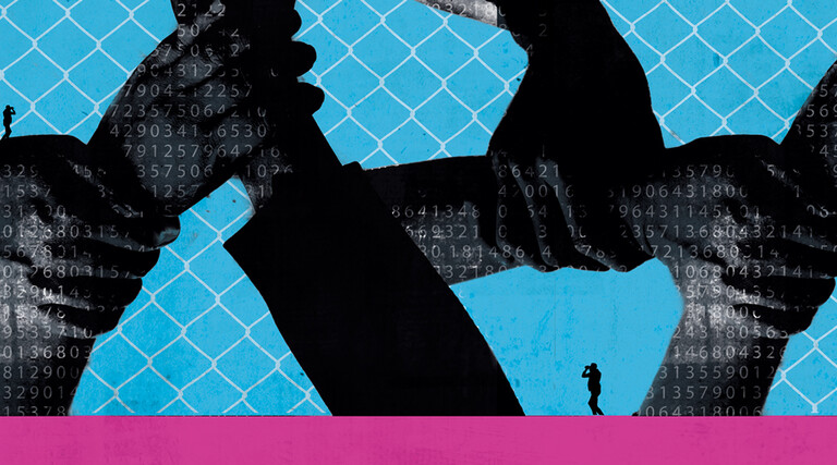 silhouette of hands clasped on wrists in a patterned design