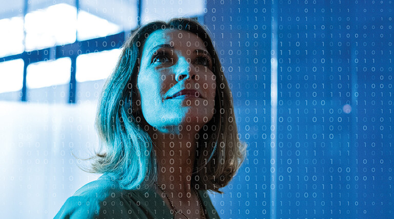 woman looking up at data concept