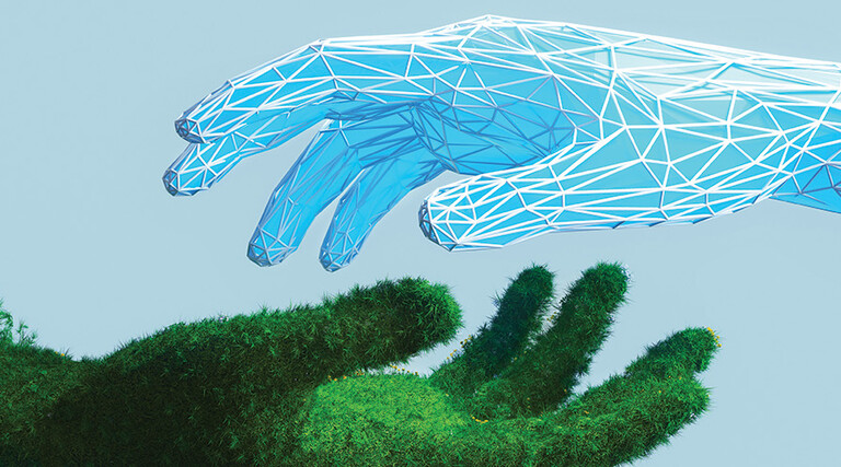 illustration of green hand and digital hand opposed