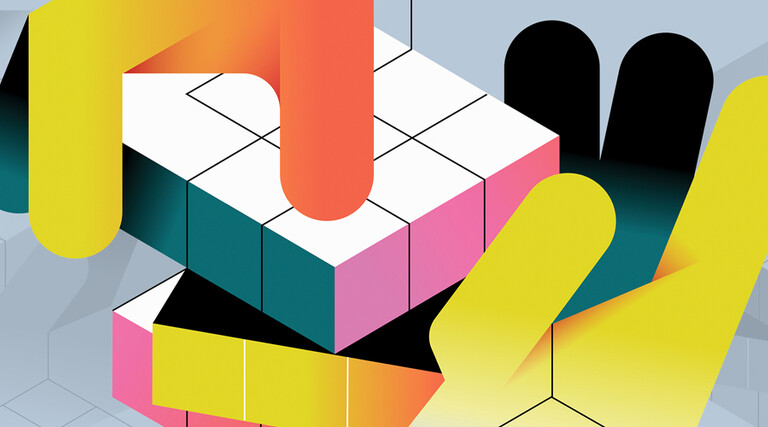 illustration of hands moving a rubix cube