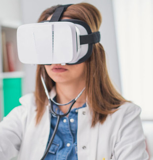doctor wearing a virtual headset and using a stethoscope.