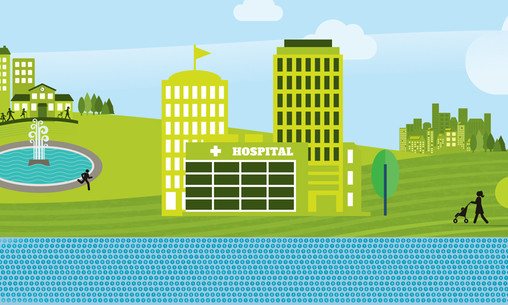 illustration of town with hospital by a river of data