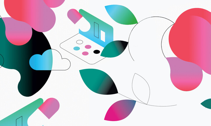 abstract illustration of person using EHR on computer surrounded by flowers and clouds